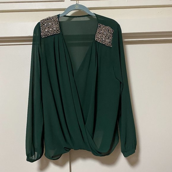 Source Unknown Tops - Beautiful forest green lined sheer long puffed sleeve wrap design blouse, size L